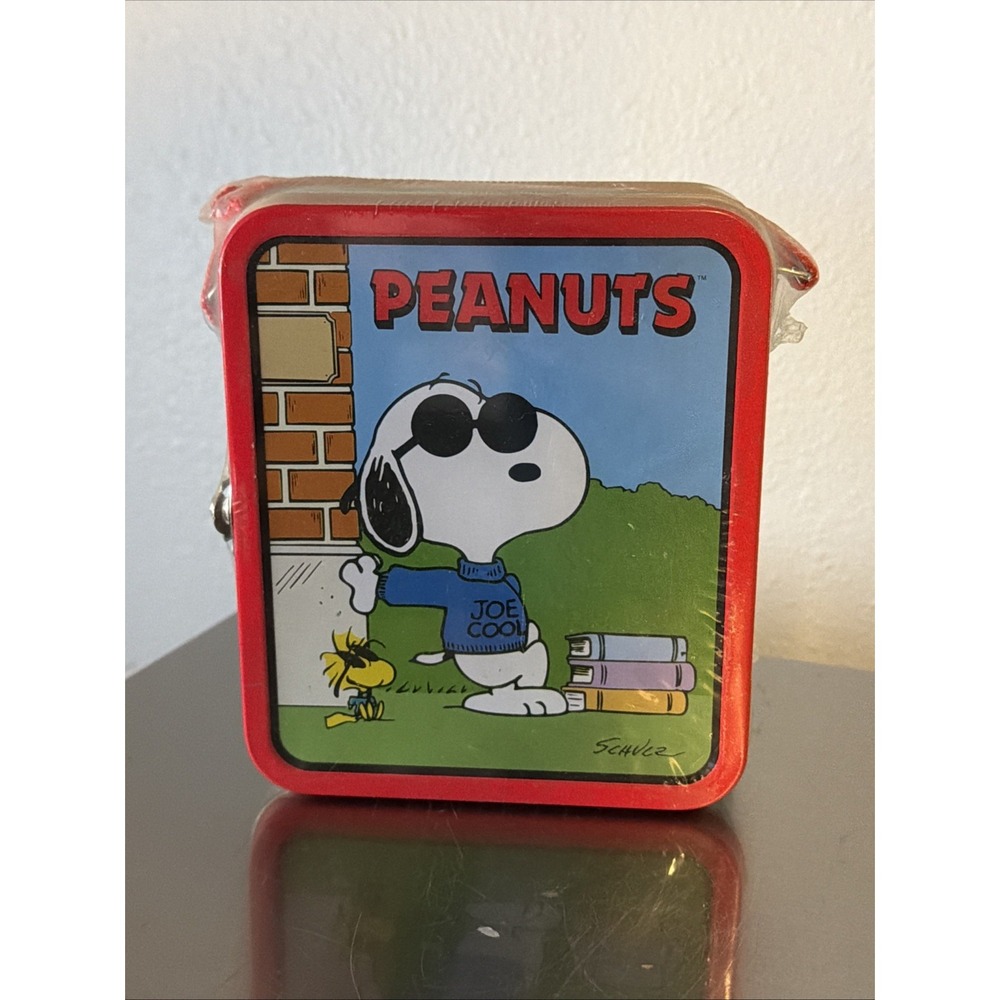 Peanuts Lunch Box Kids Small Red Snoopy Joe Cool Metal Tin With Strap Sealed New